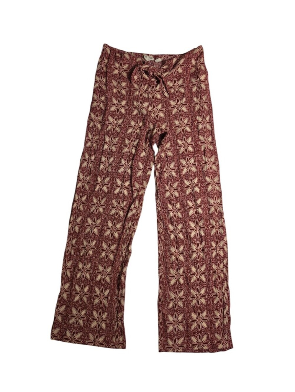 Roxy Floral Wide Leg Pants Red Cream Rayon Beach Boho Drawstring Medium
